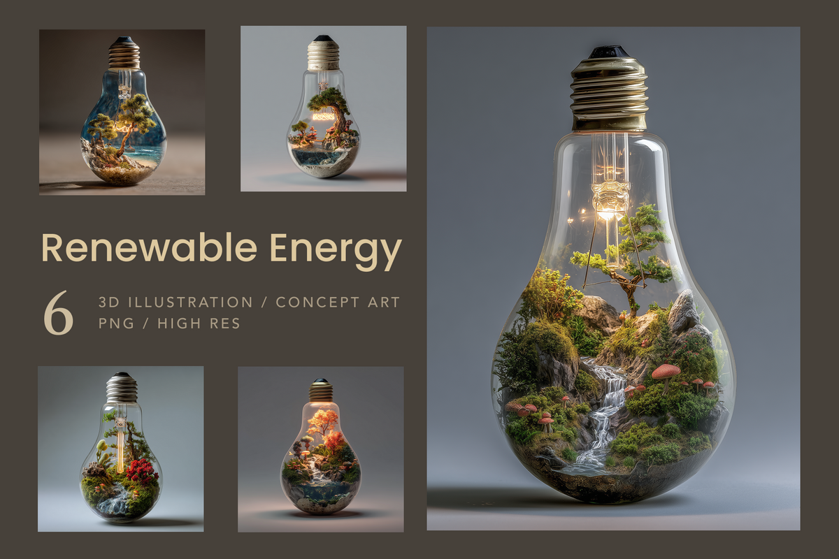 A promotional graphic for renewable energy concept art showing a large glass light bulb filled with a miniature landscape scene, plus four smaller versions of the same design with different internal landscapes. Text on the left reads 'Renewable Energy' and '6 3D Illustration / Concept Art PNG / High Res'.