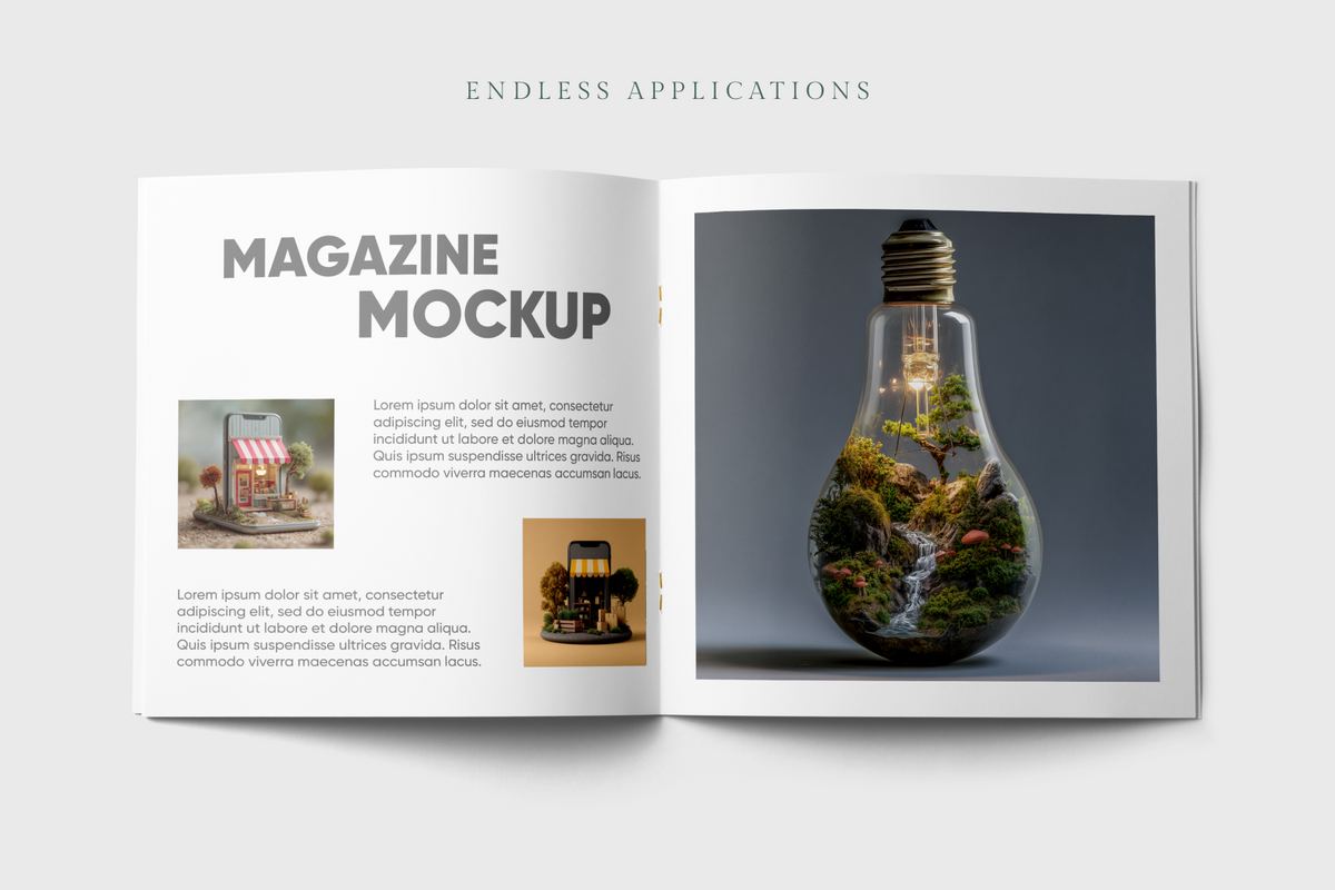 An open magazine mockup displayed on a light gray background, with the headline 'ENDLESS APPLICATIONS' above it. The magazine spread shows a large right page with a dramatic photo of a glowing light bulb terrarium and a left page with placeholder text and small inset images.