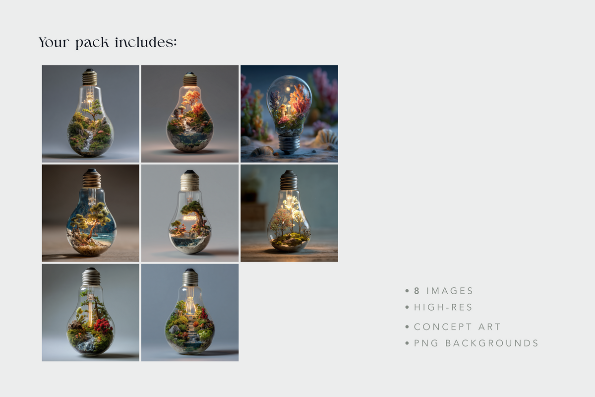 A promotional graphic for a digital art pack showing nine lightbulb terrarium designs arranged in a grid under the heading 'Your pack includes:'. The text on the right lists '8 IMAGES', 'HIGH-RES', 'CONCEPT ART', and 'PNG BACKGROUNDS'.
