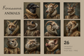A collage of 12 Renaissance-style animal portraits on a beige background, including a raven, cow, deer, fox, frog, goat, lion, owl, cat, and pig, with text reading 'Renaissance Animals' and '26 UNIQUELY THEMED HIGH-RES / PNG'.