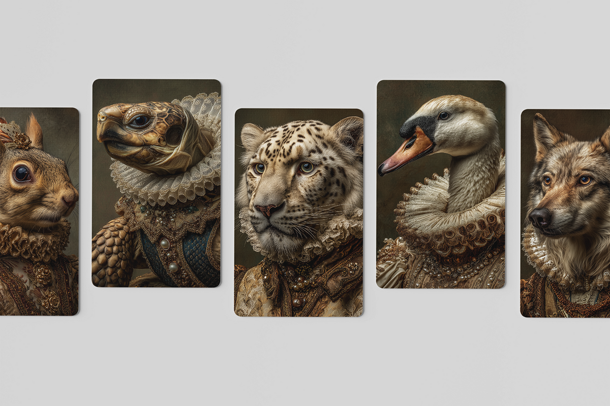 Five vertical framed art prints showing stylized animal portraits in an antique Renaissance painting style, arranged side by side against a light gray background.
