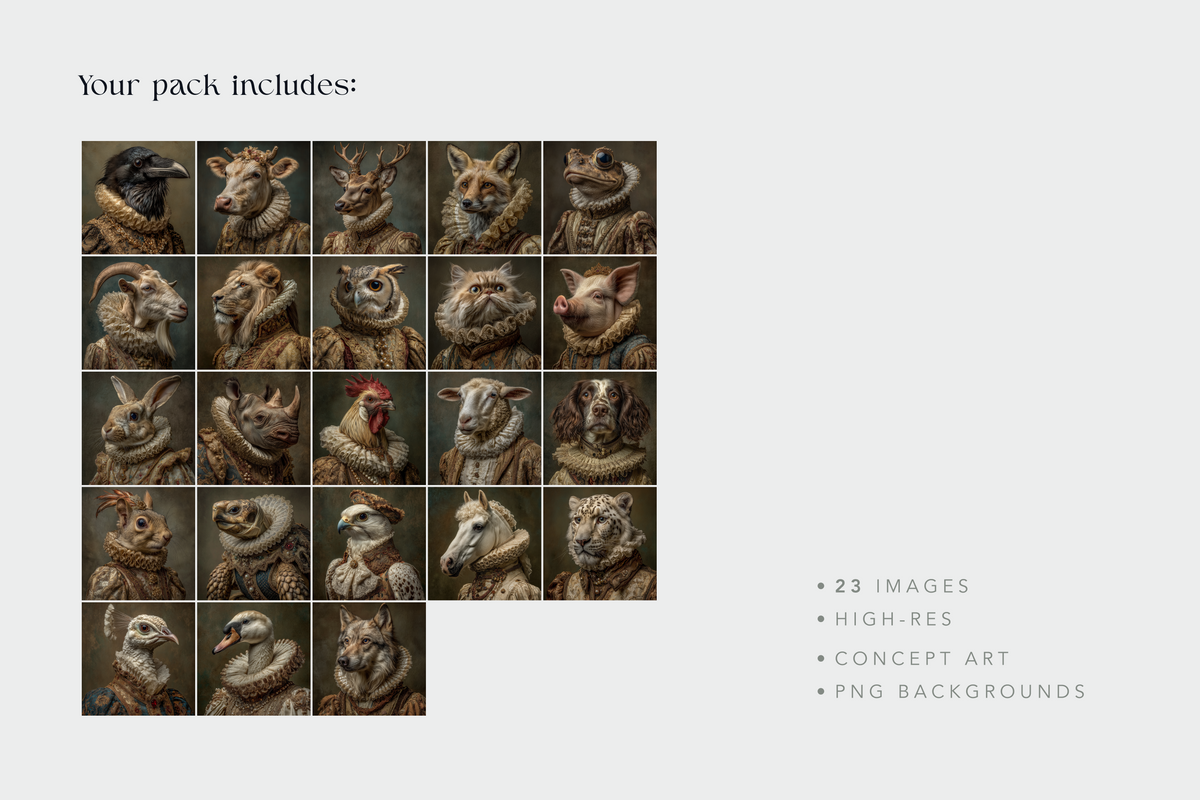 A promotional graphic for a digital art pack showing a grid of 23 animal portrait concept artworks on a light gray background, with text reading 'Your pack includes:' and bullet points noting '23 images', 'high-res', 'concept art', and 'png backgrounds'.