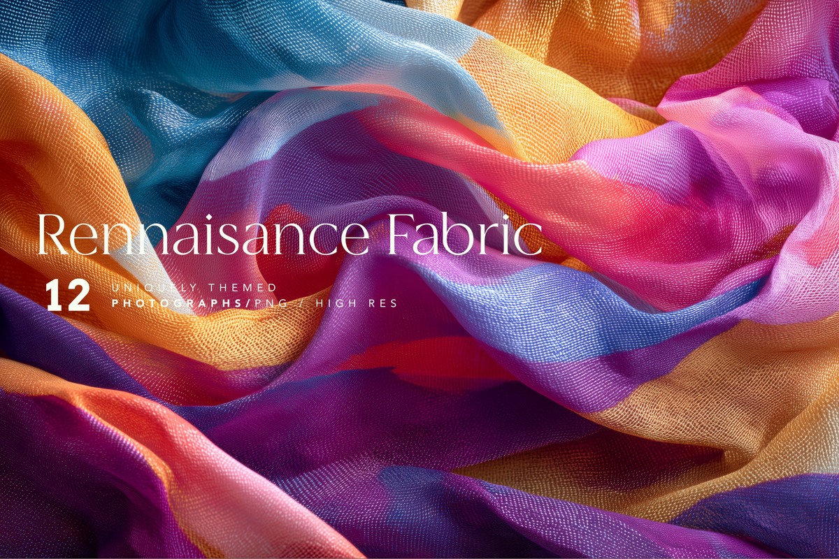 A close-up of flowing sheer fabric with a multicolor palette of blue, purple, pink, orange, and yellow. White text overlay reads 'Renaissance Fabric' and '12 Uniquely Themed Photography/Editing High Res'.