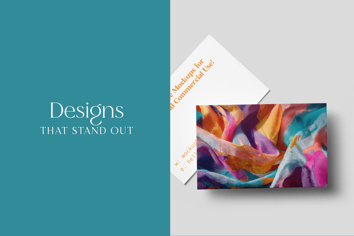 A promotional graphic with a teal left panel reading 'Designs THAT STAND OUT' and a light gray right panel showing a white envelope and a colorful abstract art print or card.