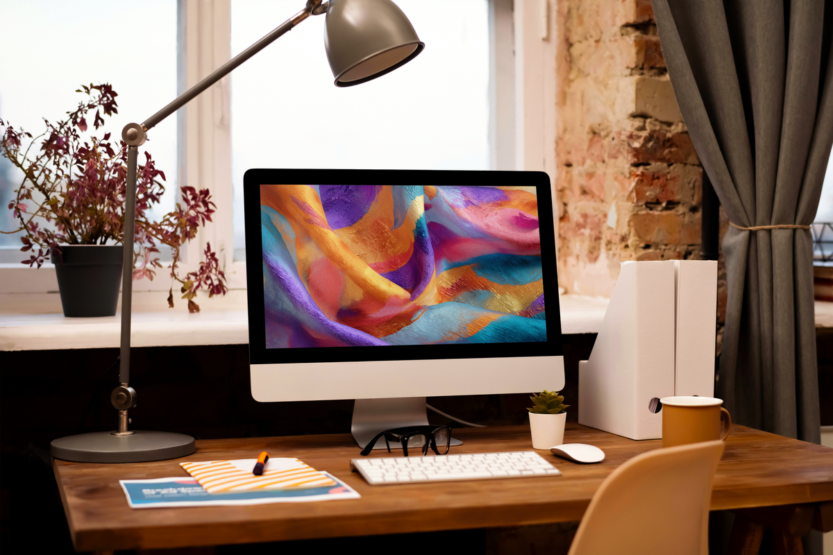 A modern desktop setup featuring a computer monitor displaying a colorful abstract wallpaper, styled on a wooden desk with a keyboard, mouse, white volume stand, and a silver desk lamp in a bright, contemporary room.