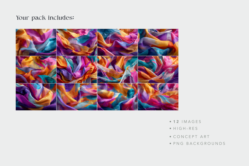 A promotional graphic for a digital art pack showing a 3x4 grid of colorful abstract fabric-like artwork thumbnails on a light gray background, with text reading 'Your pack includes:' and bullet points noting 12 images, high-res, concept art, and PNG backgrounds.