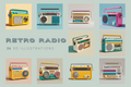 A collage of ten retro-style 3D radio illustrations arranged on a pale blue background, with the text 'RETRO RADIO' and '26 3D ILLUSTRATIONS' in the center. The radios feature multiple colorways including yellow, teal, pink, cream, and orange.