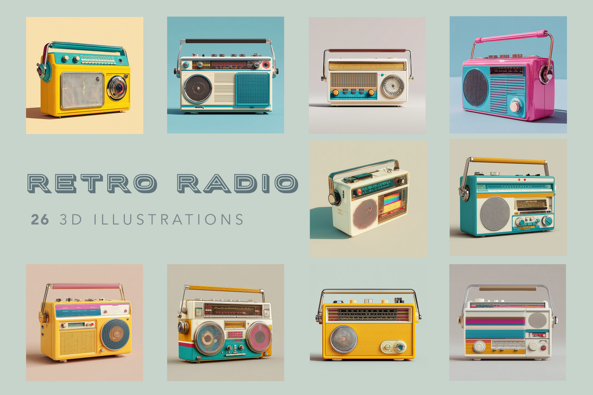 A collage of ten retro-style 3D radio illustrations arranged on a pale blue background, with the text 'RETRO RADIO' and '26 3D ILLUSTRATIONS' in the center. The radios feature multiple colorways including yellow, teal, pink, cream, and orange.