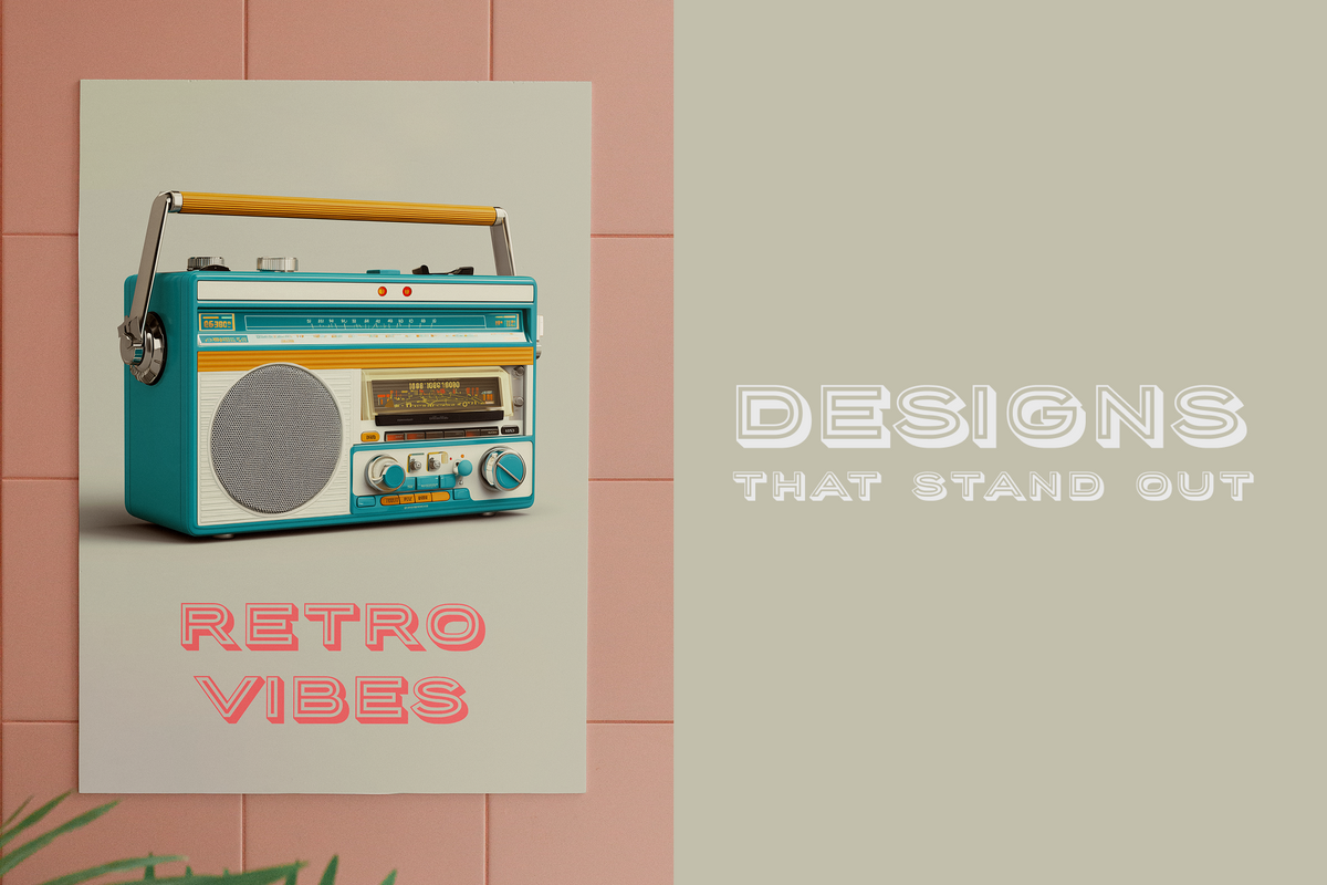A vertical poster print featuring a retro turquoise and yellow vintage radio with the text 'RETRO VIBES' in pink, displayed against a pink tiled wall next to a beige panel with the text 'DESIGNS THAT STAND OUT'.