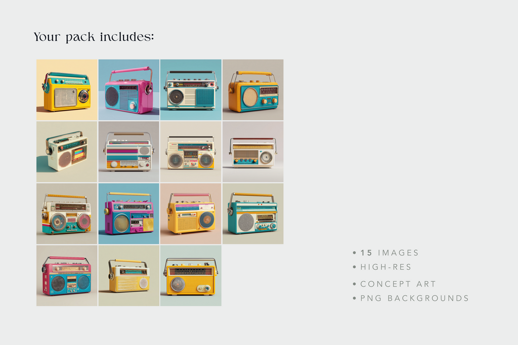 A promotional graphic for a pack of 15 retro-style radio concept art images. The layout shows a 4x4 grid of colorful vintage radios on the left under the heading 'Your pack includes:', and bullet points on the right listing '15 IMAGES', 'HIGH-RES', 'CONCEPT ART', and 'PNG BACKGROUNDS'.