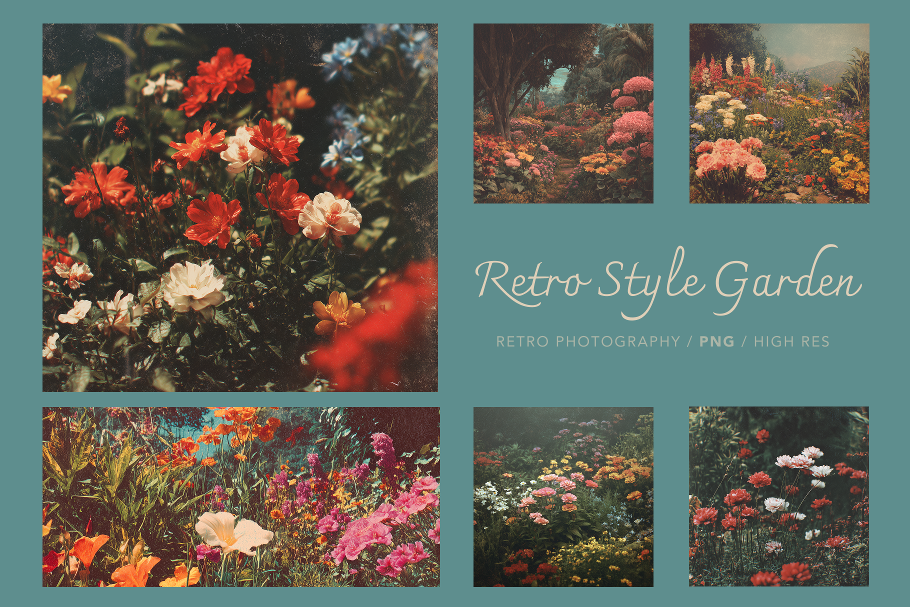 Collage of retro-style garden images with colorful flowers on a teal background.
