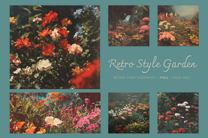 Collage of retro-style garden images with colorful flowers on a teal background.