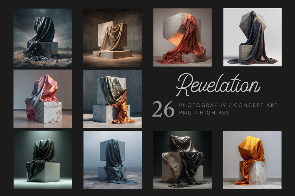 A promotional collage for a digital asset pack titled 'Revelation' showing 26 concept art images of draped fabric wrapped around geometric stone blocks in various colors and lighting setups, with text reading '26 PHOTOGRAPHY / CONCEPT ART PNG / HIGH RES' on a dark background.