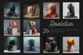 A promotional collage for a digital asset pack titled 'Revelation' showing 26 concept art images of draped fabric wrapped around geometric stone blocks in various colors and lighting setups, with text reading '26 PHOTOGRAPHY / CONCEPT ART PNG / HIGH RES' on a dark background.