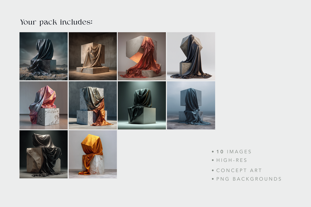 A promotional graphic for a digital pack showing a grid of draped fabric concept art renders on stone pedestals, with text reading 'Your pack includes:' and bullet points '10 IMAGES', 'HIGH-RES', 'CONCEPT ART', and 'PNG BACKGROUNDS'.