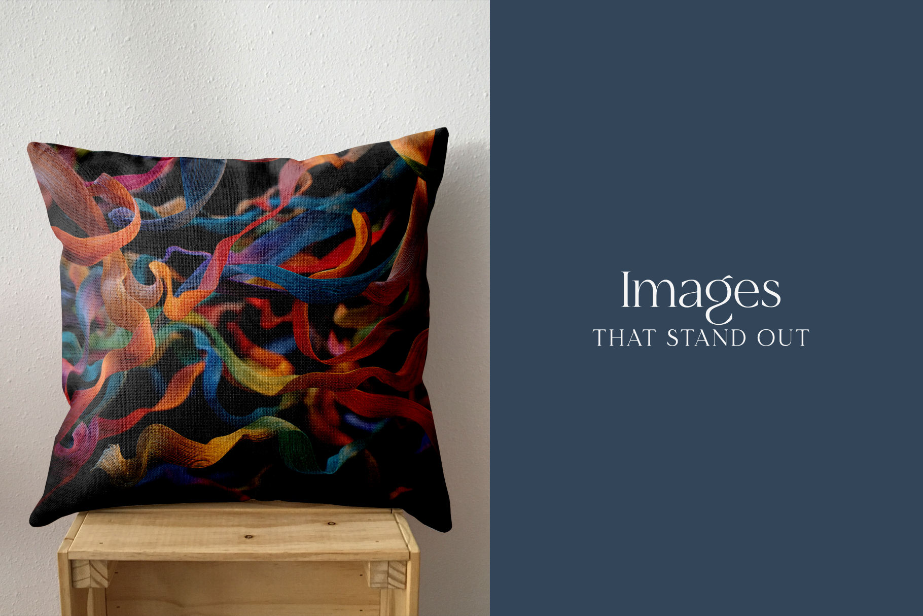 Colorful abstract pillow on a wooden box with 'Images THAT STAND OUT' text on a blue background
