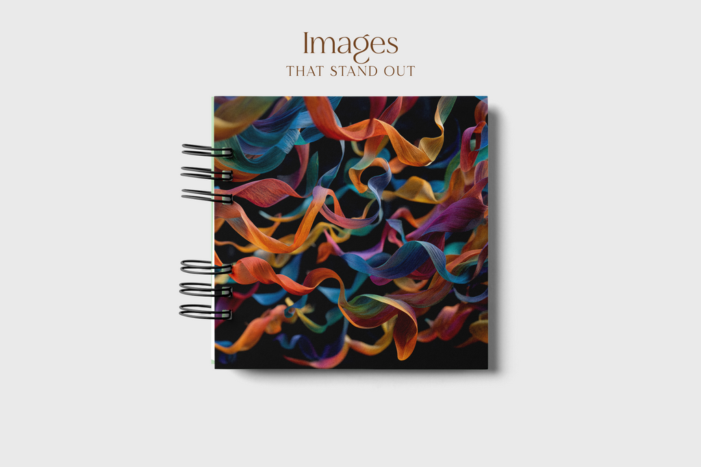 Colorful abstract design notebook with 'Images That Stand Out' text on a white background