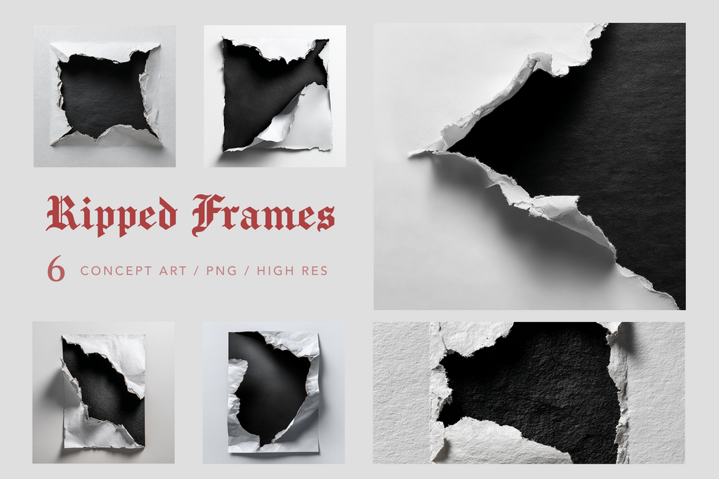 A collage preview for a digital asset pack titled 'Ripped Frames' showing several torn-paper effects on a light gray background, with text reading '6 CONCEPT ART / PNG / HIGH RES'. This is not a physical product photo, not packaging, and not an instruction/measurement/color auxiliary image; it is a digital preview, so subject_type is Other.