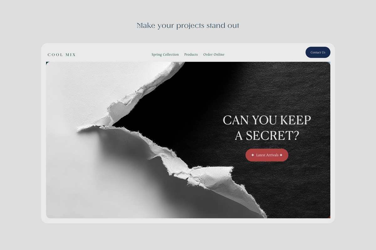 A website banner mockup for 'COOL MIX' featuring a torn-paper effect revealing a black textured background with the text 'CAN YOU KEEP A SECRET?' and a red 'Leave Arrivals' button, set against a light gray background.