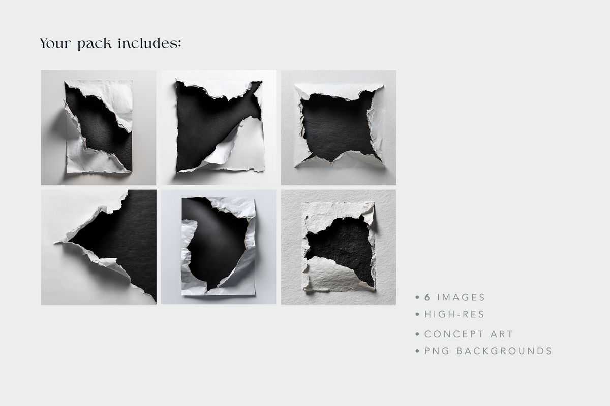 A promotional graphic for a pack of torn-paper background assets, showing six sample ripped-panel previews on a light gray background with text reading 'Your pack includes:' and bullet points for 6 images, high-res, concept art, and PNG backgrounds.