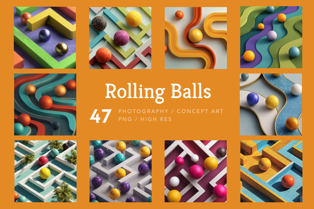 Collage of colorful rolling balls on a geometric patterned background with 'Rolling Balls' text.