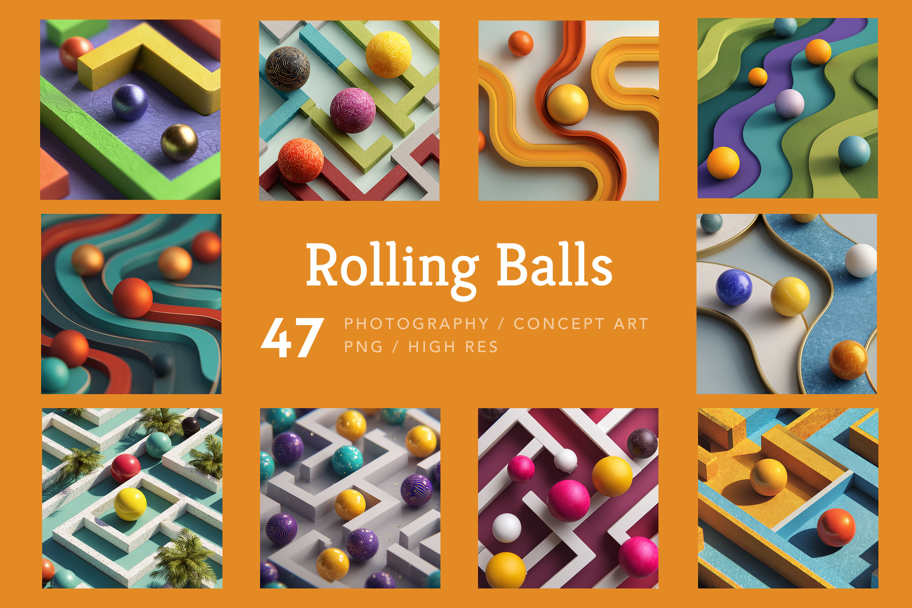 Collage of colorful rolling balls on a geometric patterned background with 'Rolling Balls' text.