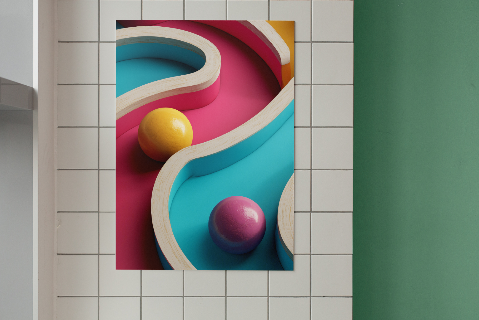 Colorful abstract art print with curved shapes and spheres on a tiled wall.