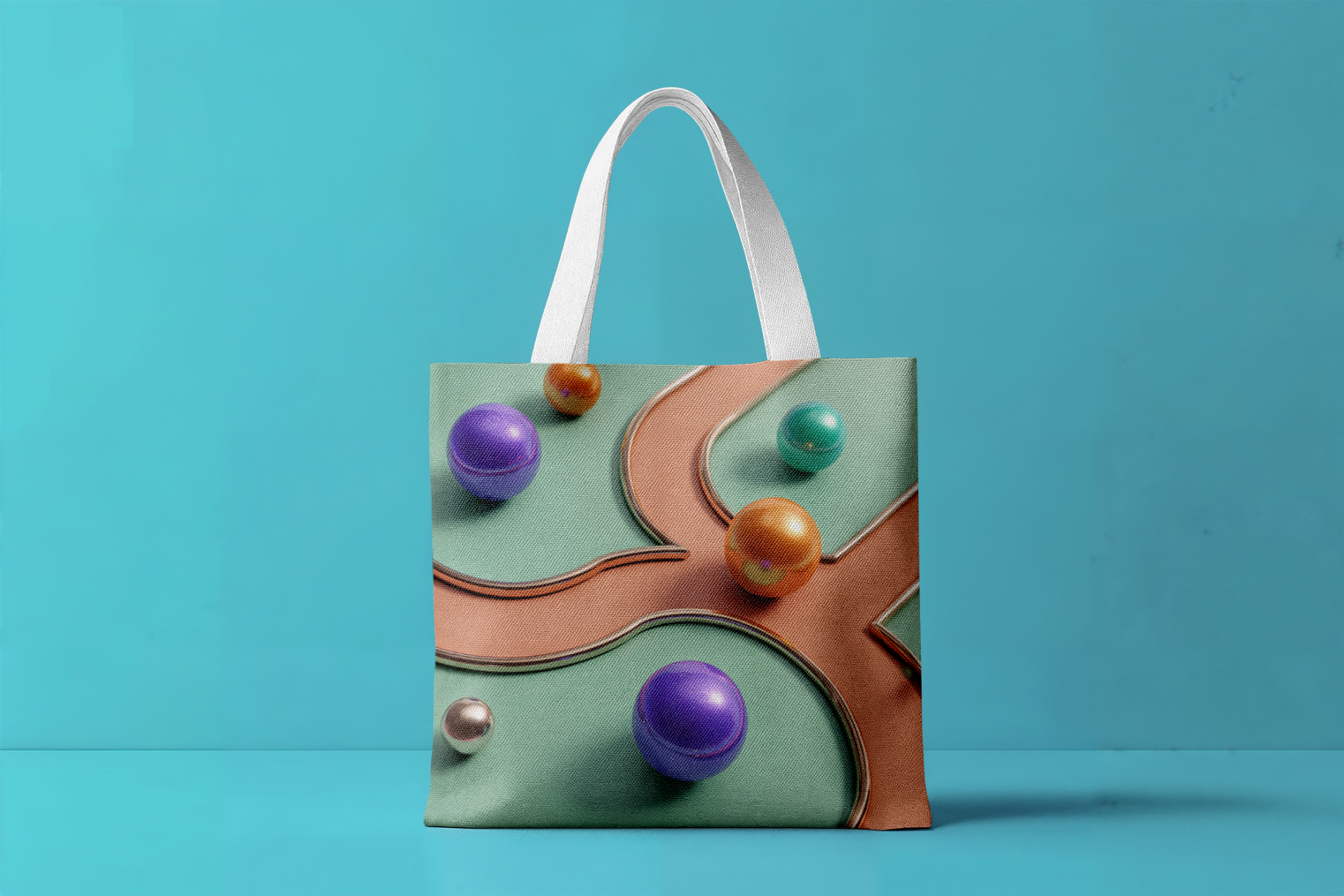 Colorful tote bag with spherical decorations on a teal background