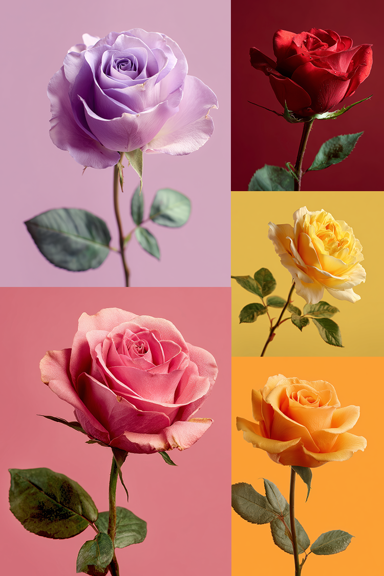 A collage of five roses in different colors: lavender, deep red, pale yellow, pink, and orange, each shown with green leaves against solid pastel and saturated background panels.