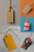 A collage of five blank and patterned paper price tags with hanging strings, shown on neutral and bright backgrounds.