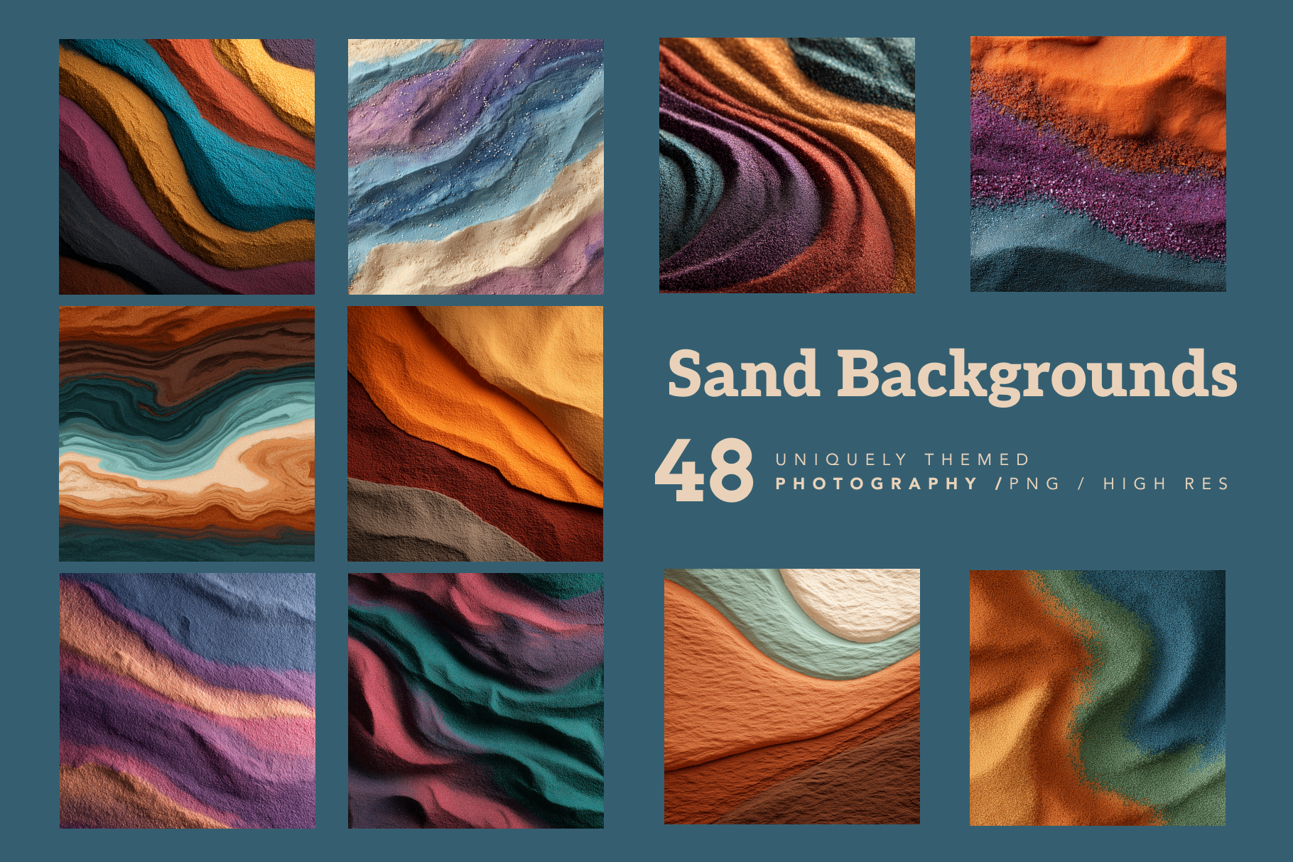 Cover of a product pack with sand background images and text on a blue background