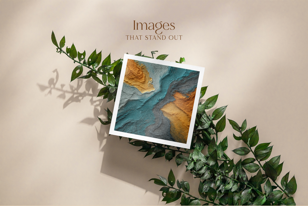 Framed artwork with a landscape design on a beige background with green leaves.