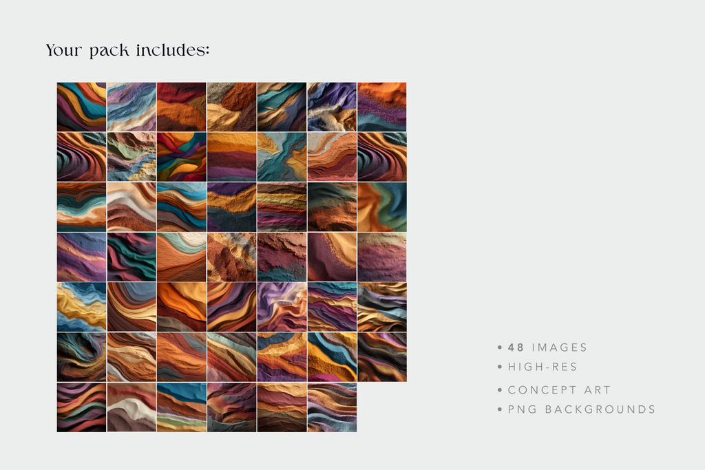 Grid of colorful abstract patterns with text about image pack contents on a light gray background