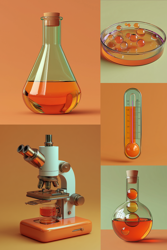 Collage of scientific equipment including a beaker, microscope, thermometer, and petri dish on an orange background.