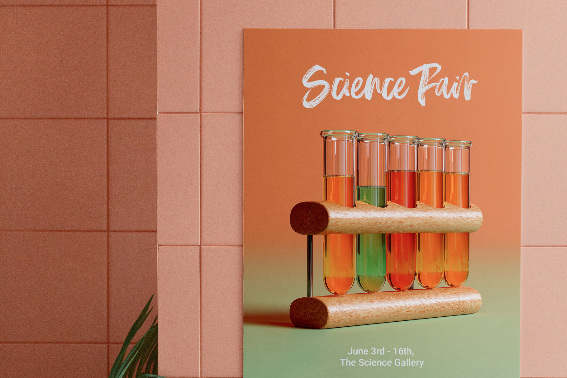 Science fair poster with test tubes and a wooden holder on a tiled wall background