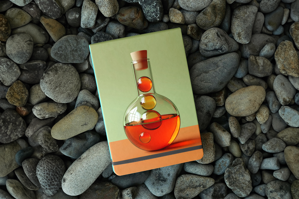 Card with a colorful beaker design on pebbles
