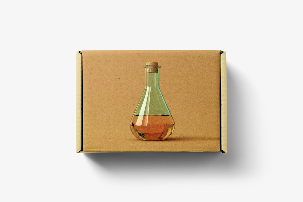 Cardboard box with a glass bottle illustration on a white background