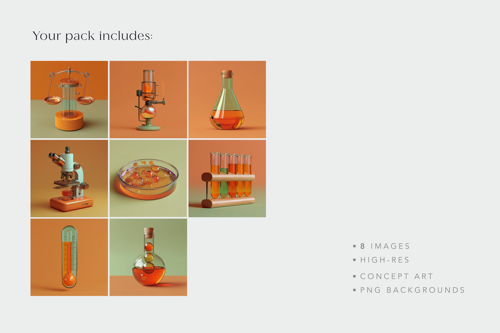 Set of scientific instruments on a grid with an orange background