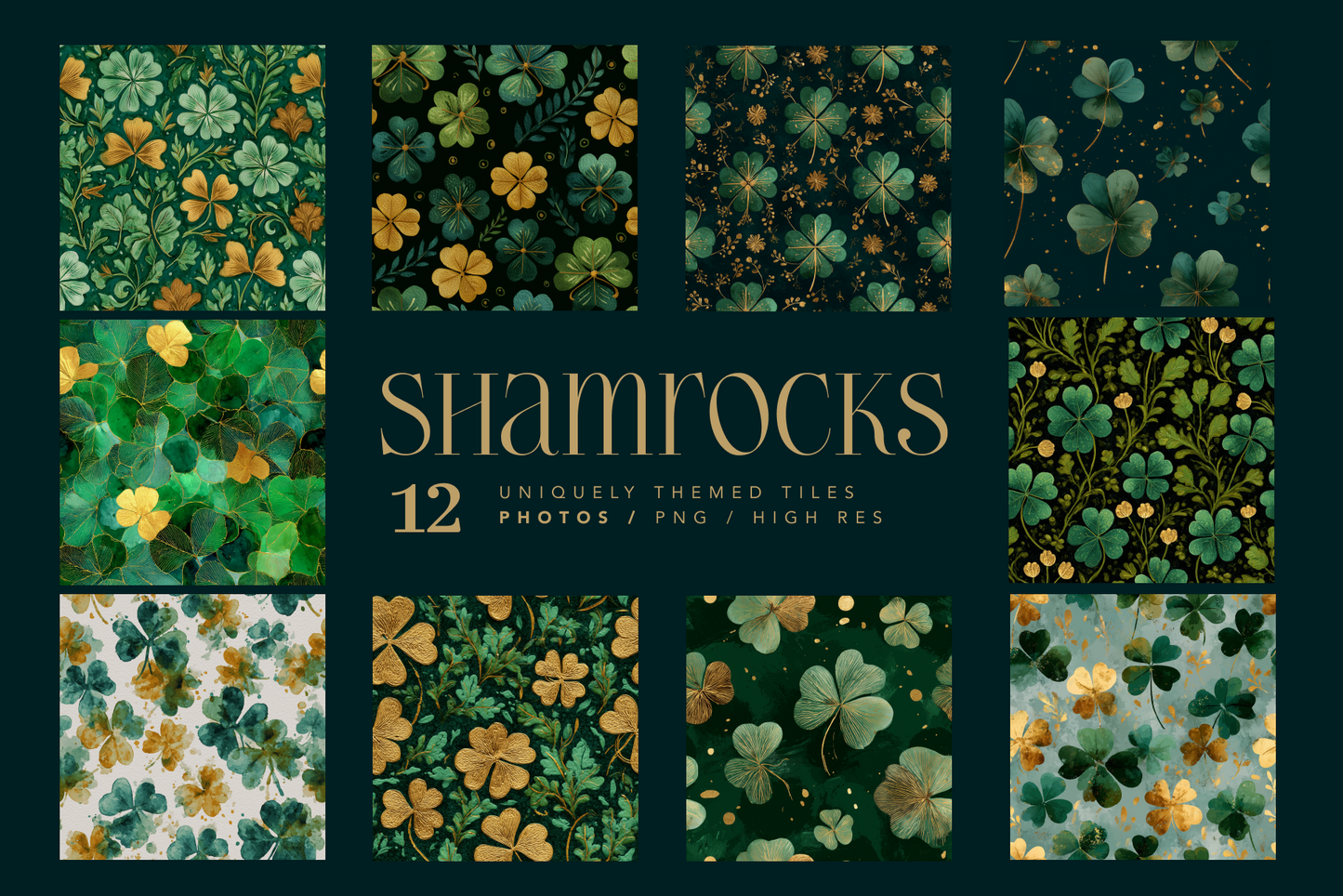 Collection of shamrock patterns with a central text box on a dark green background.