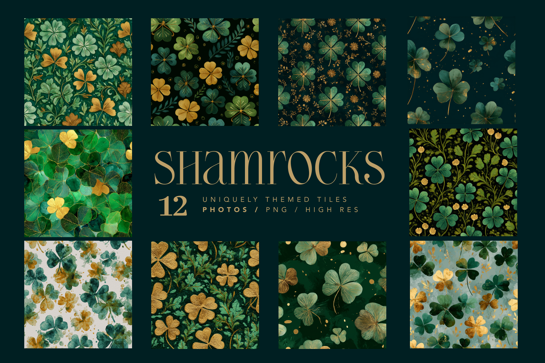 Collection of shamrock patterns with a central text box on a dark green background.
