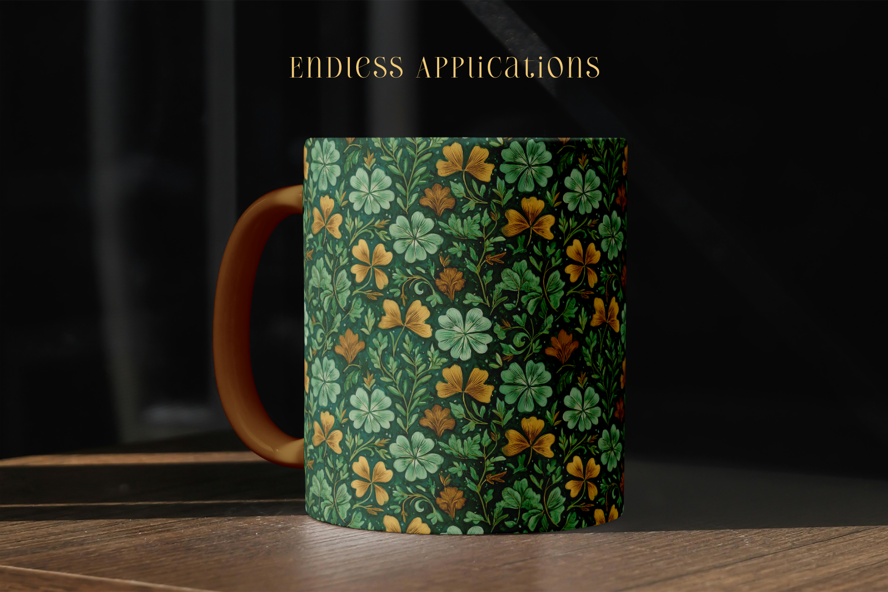 Mug with floral pattern on a wooden surface and dark background