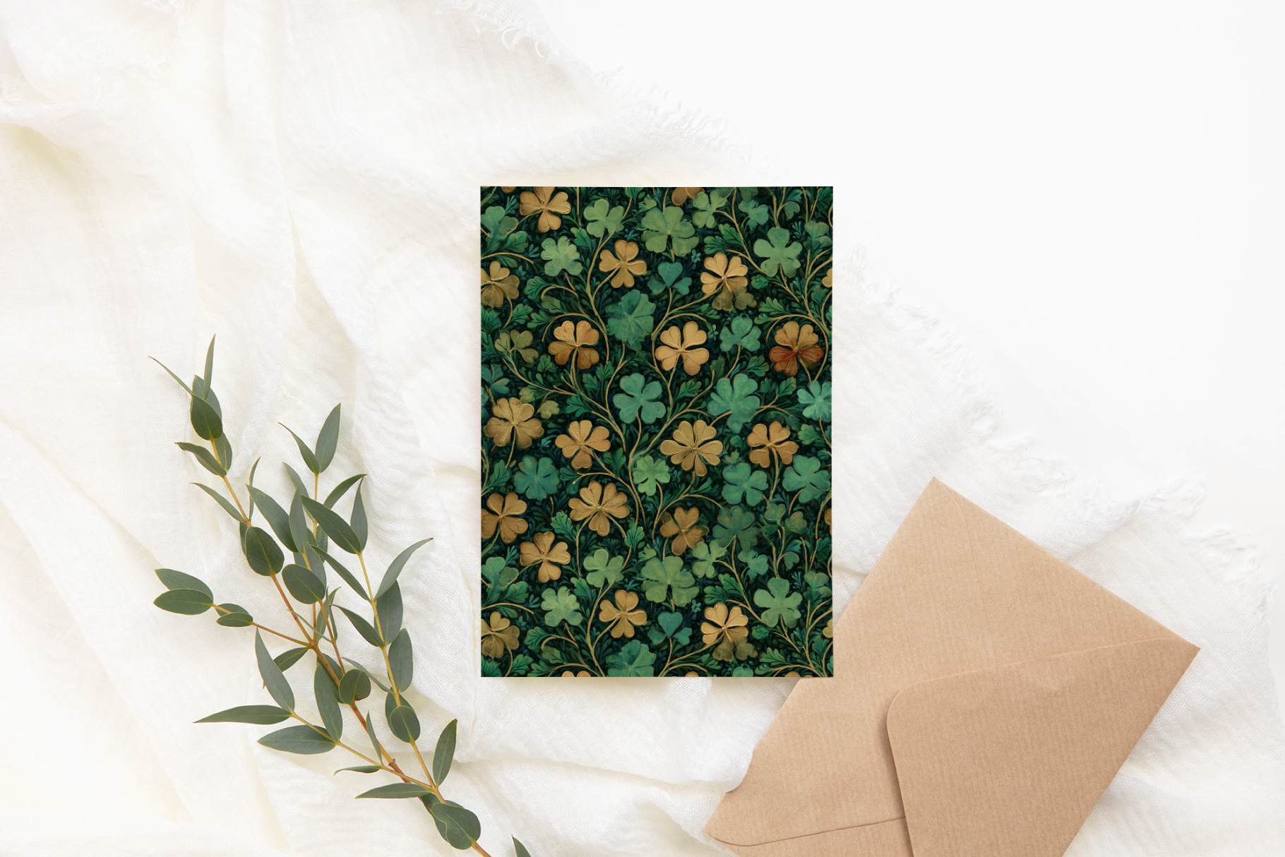 Greeting card with clover pattern on a white surface with a brown envelope and green leaves.