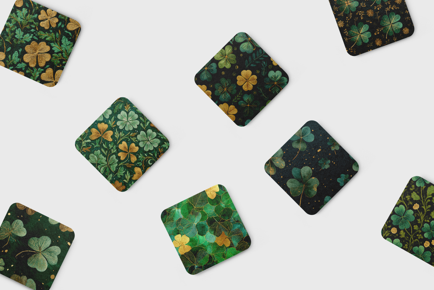 Set of square coasters with clover pattern on a white background
