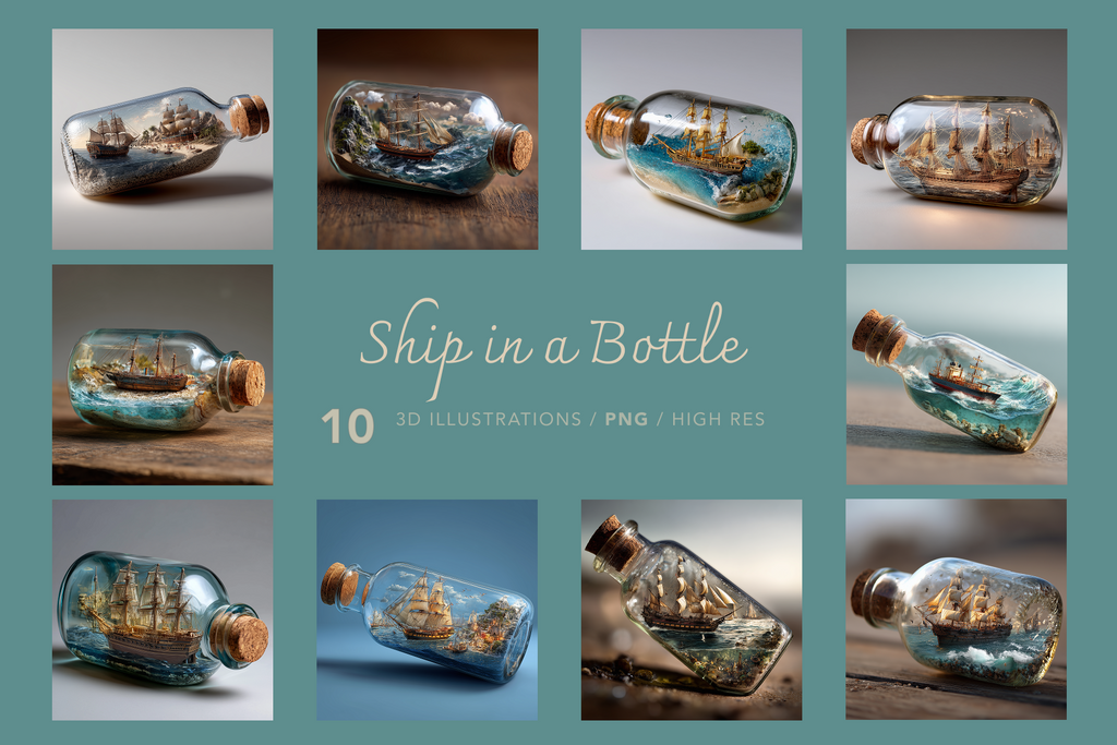 Collage of ship in a bottle illustrations with a teal background
