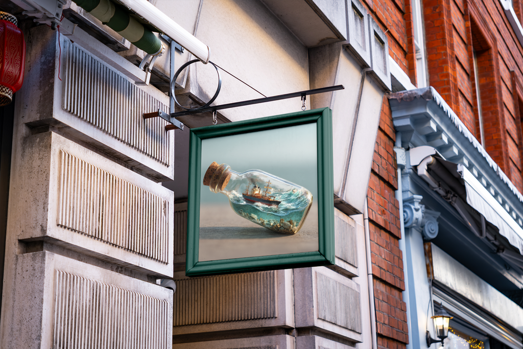 Framed artwork of a bottle with a ship inside hanging on a building exterior.