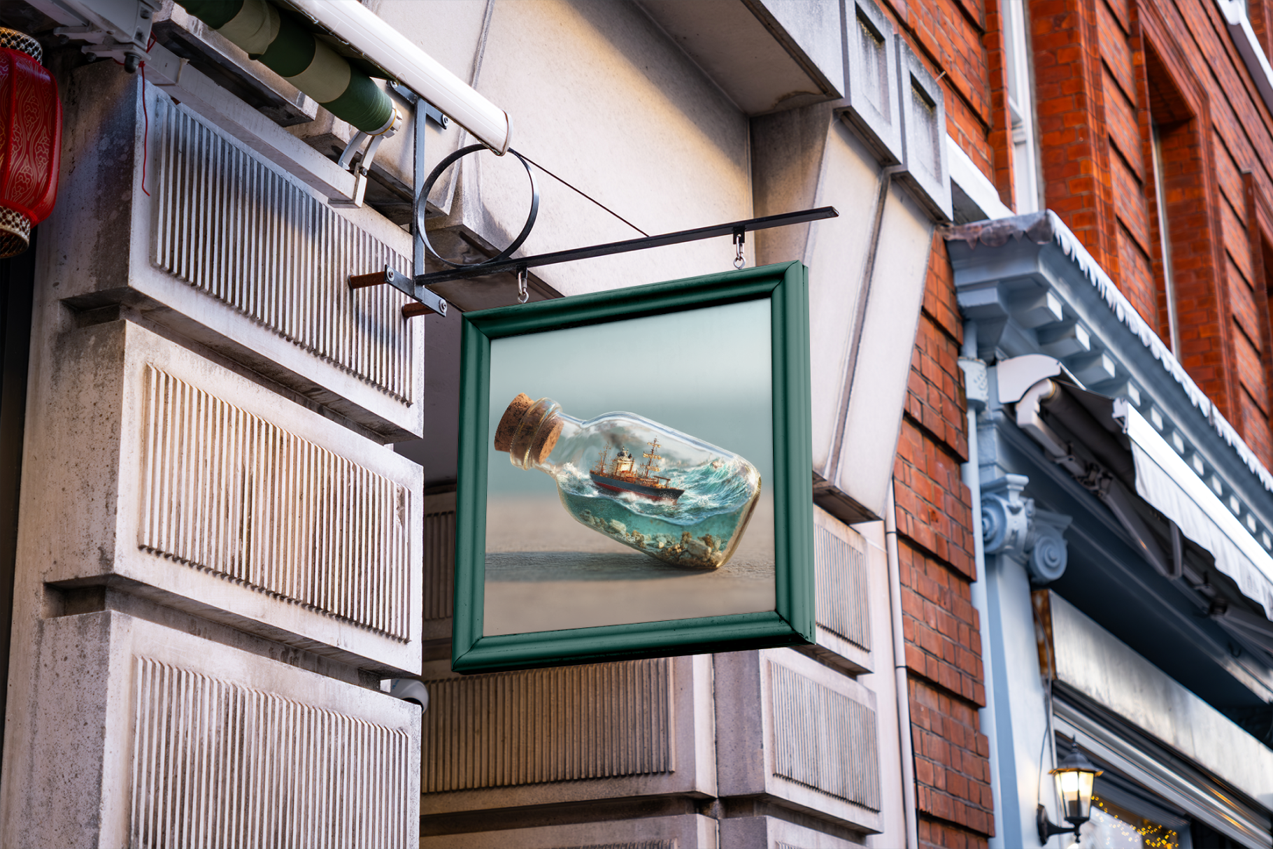 Framed artwork of a bottle with a ship inside hanging on a building exterior.