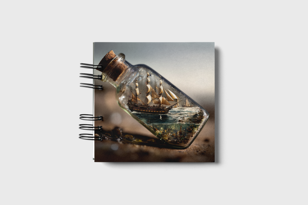 Notebook with a ship in a bottle design on the cover