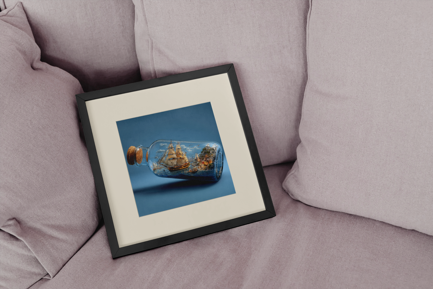 Framed picture of a glass bowl with a ship on a couch