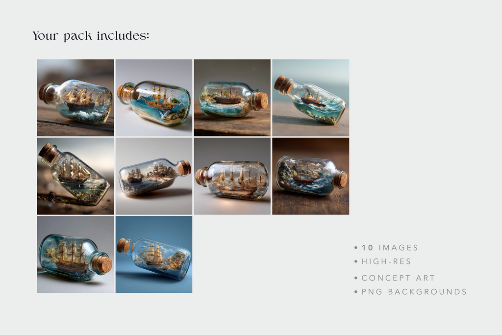 Collage of images showing bottles with miniature landscapes inside, on a white background.