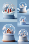 Four decorative snow globe ornaments arranged on a light blue background, each with a different winter scene inside: mountains with a gift box, a reindeer, a snowman, and a small house with trees. The globes have clear domes, white and pale blue bases, and some have tan circular accents.